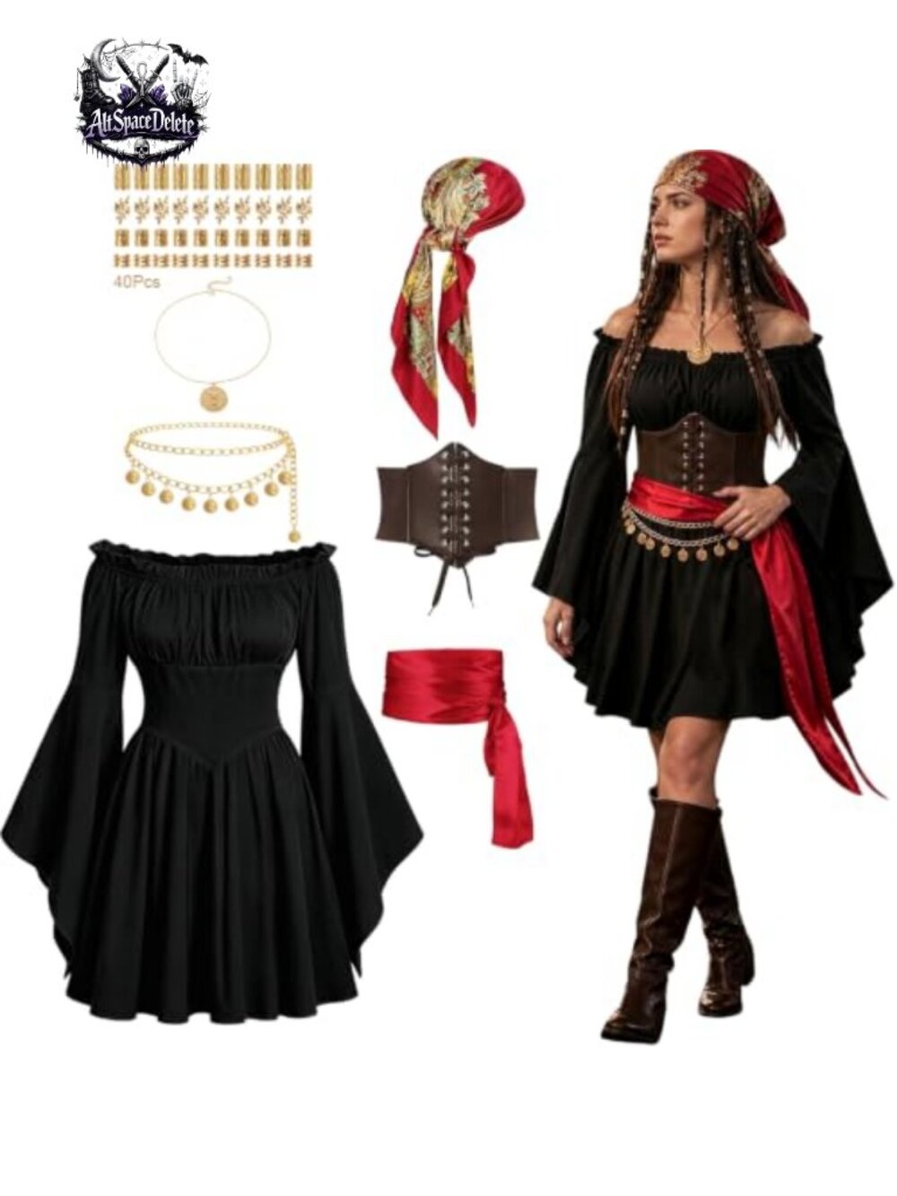 Women's Pirate Costume Corset Dress Set Halloween Renaissance 7 Piece